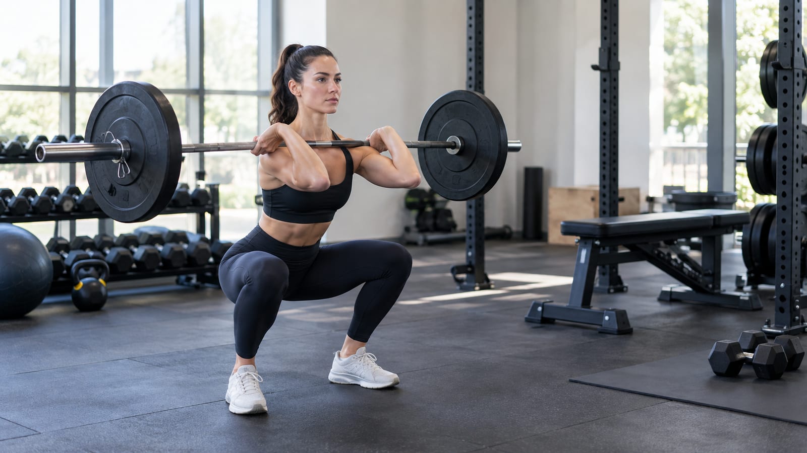 A woman performing a front squat with a loaded barbell in a gym
