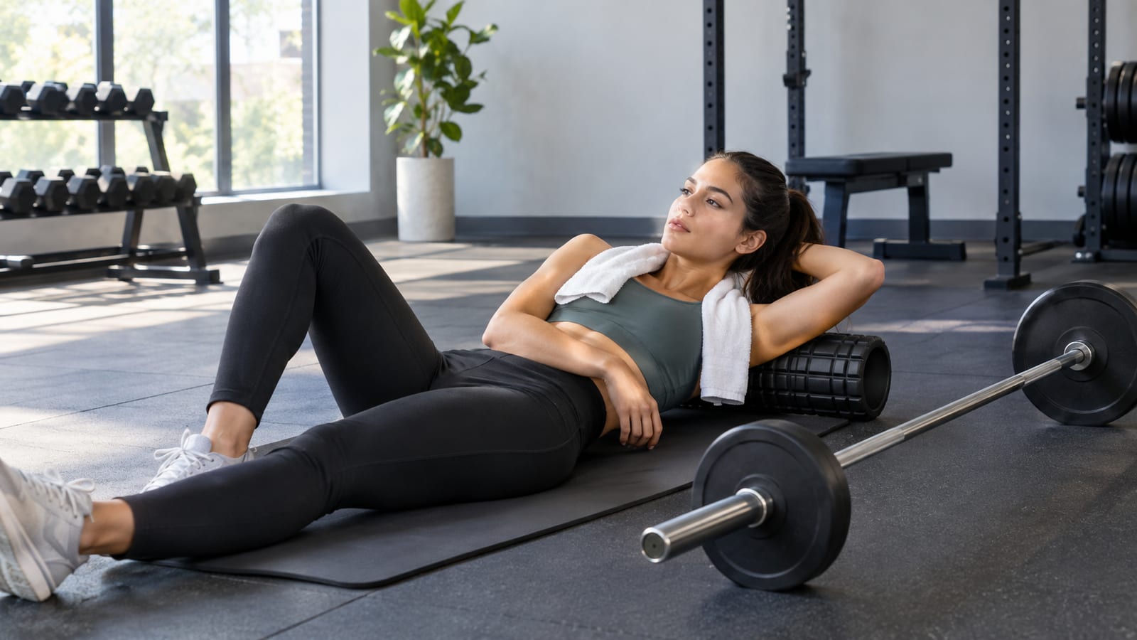 Woman resting on an exercise mat with a foam roller next to a barbell