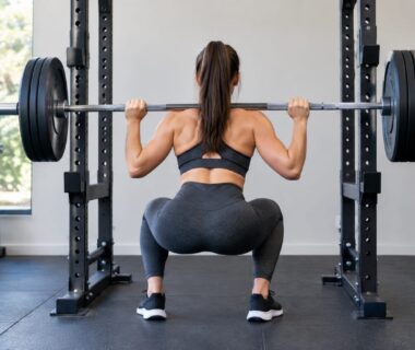 Woman squats with a barbell on a squat rack in a gym