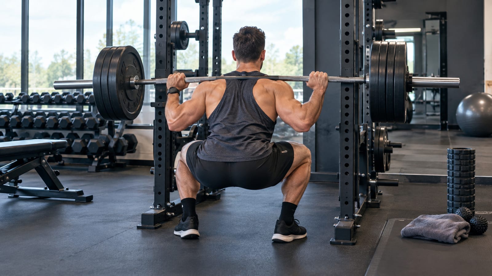 Muscular man squats with barbell in a gym from behind