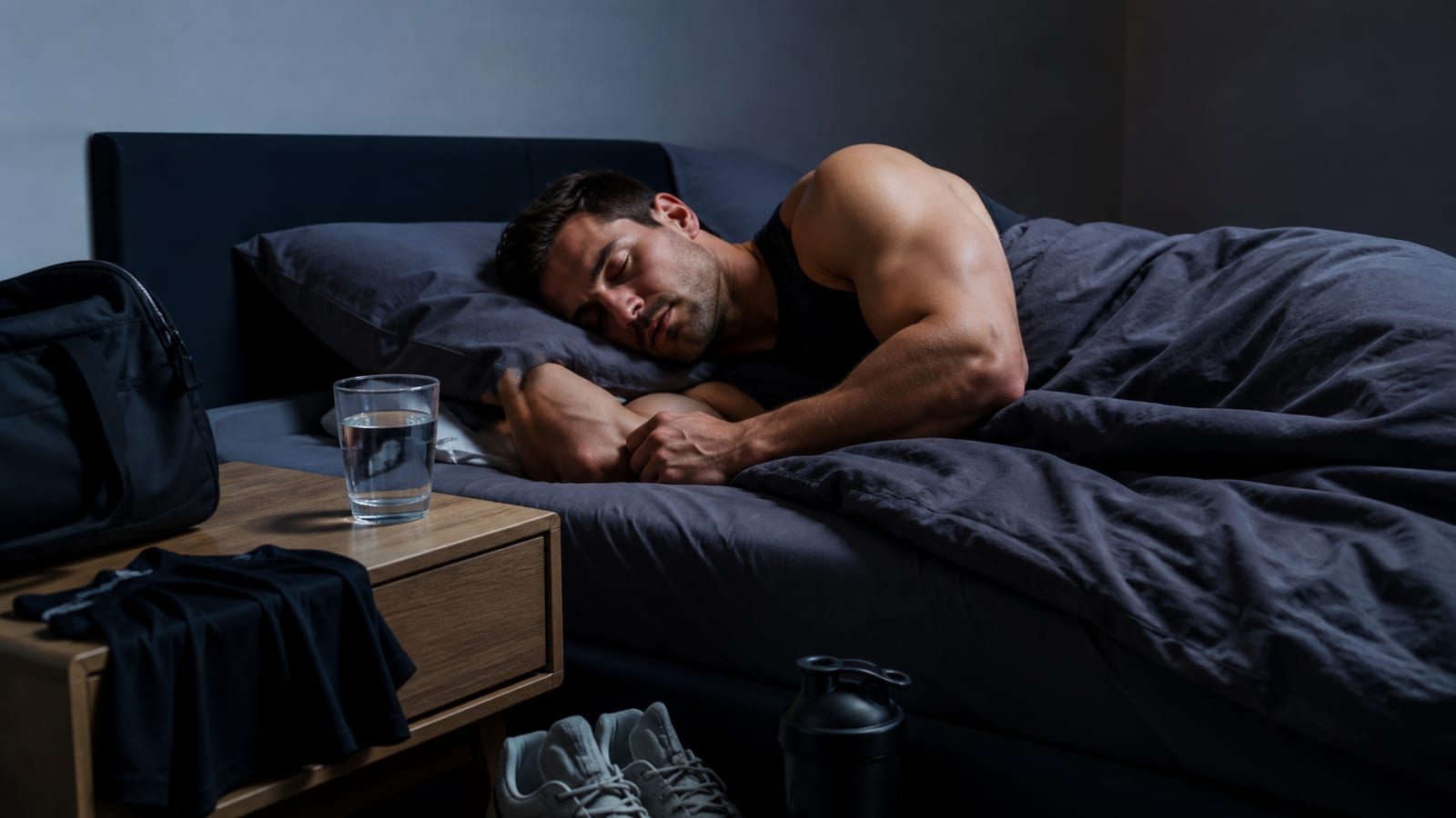 A muscular bodybuilder sleeps in bed next to a glass of water on the nightstand