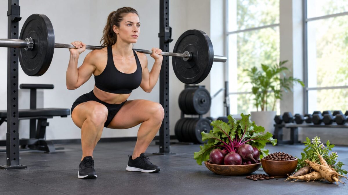 Woman squats with a barbell on her shoulders in a gym next to wooden bowls