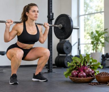 Woman squats with a barbell on her shoulders in a gym next to wooden bowls ```