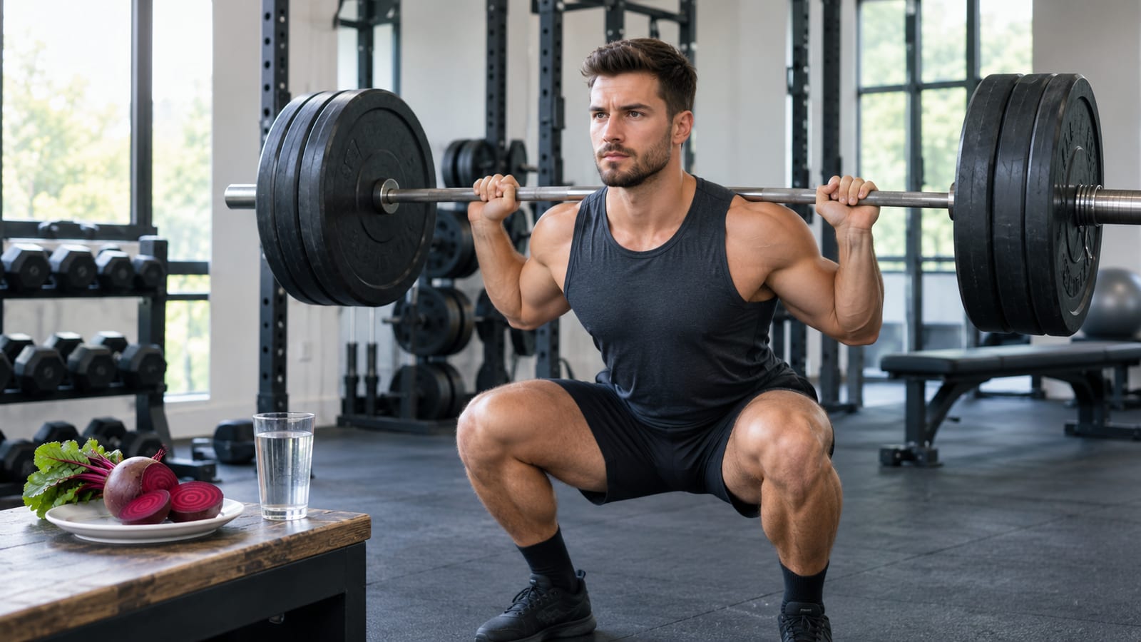 Muscular man squats with barbell in gym, glass of water on table