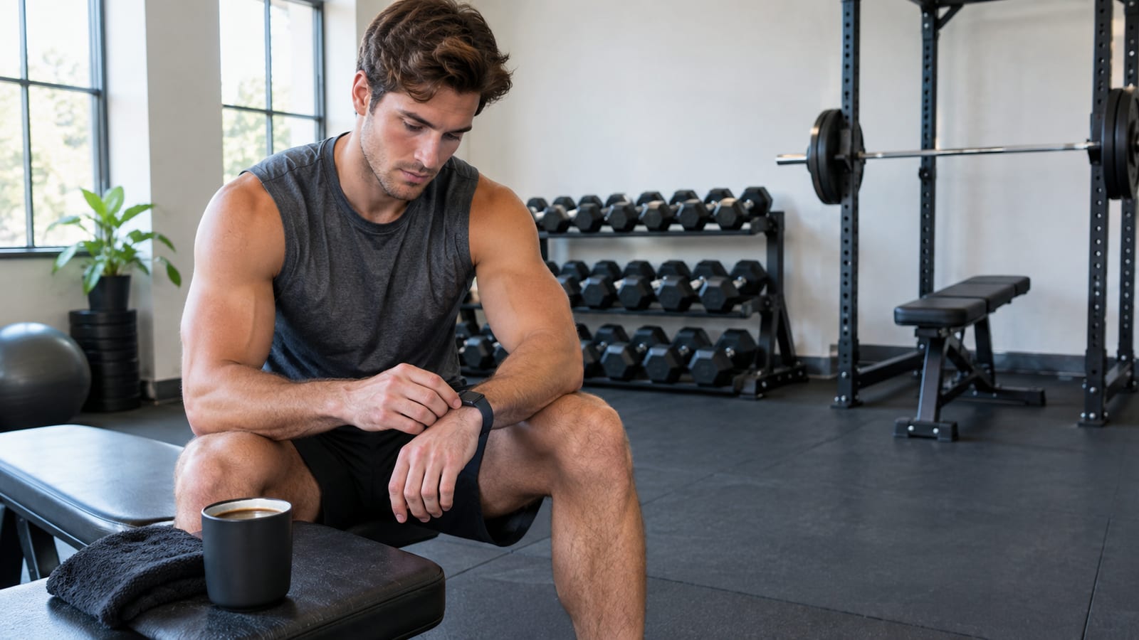 Focused lifter beside plain coffee and dumbbells before strength training