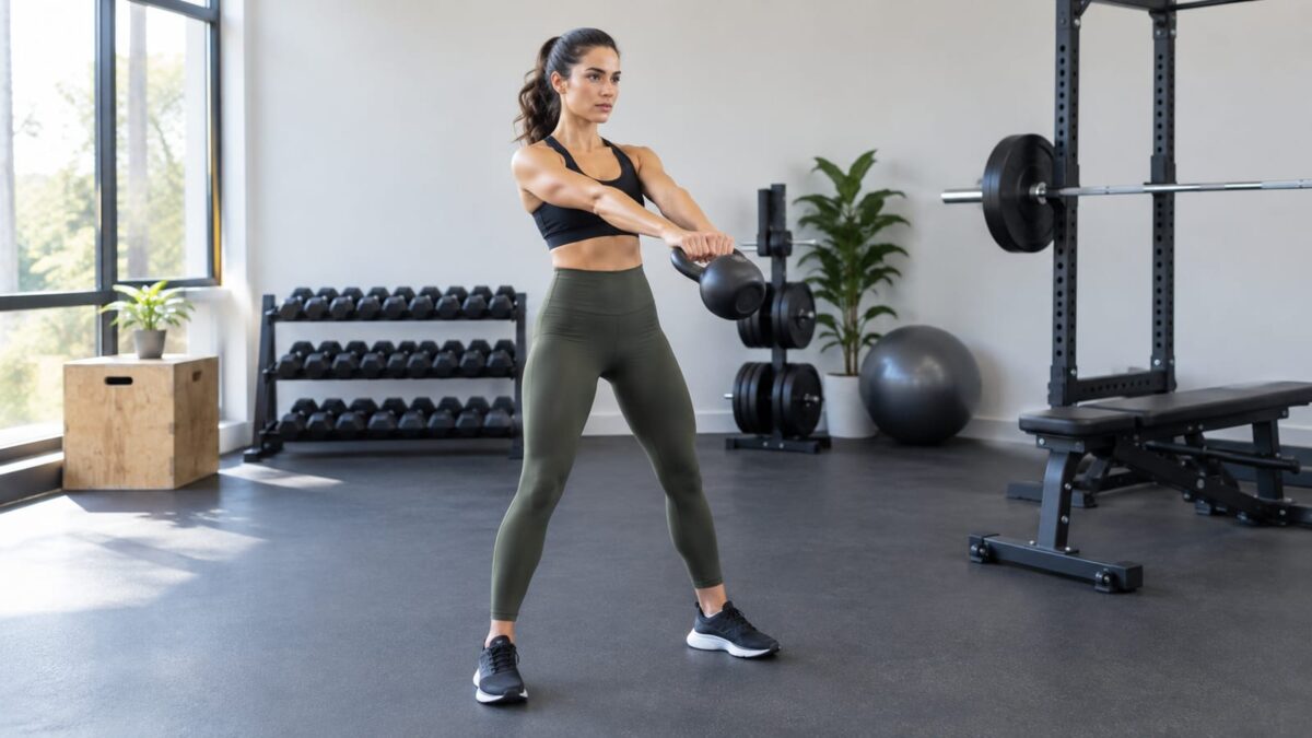 Fit woman with ponytail performs kettlebell swing in gym