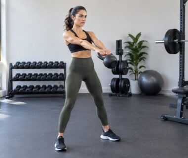 Fit woman with ponytail performs kettlebell swing in gym