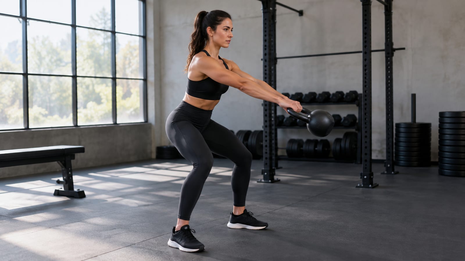 Woman performing kettlebell swing in gym from side view