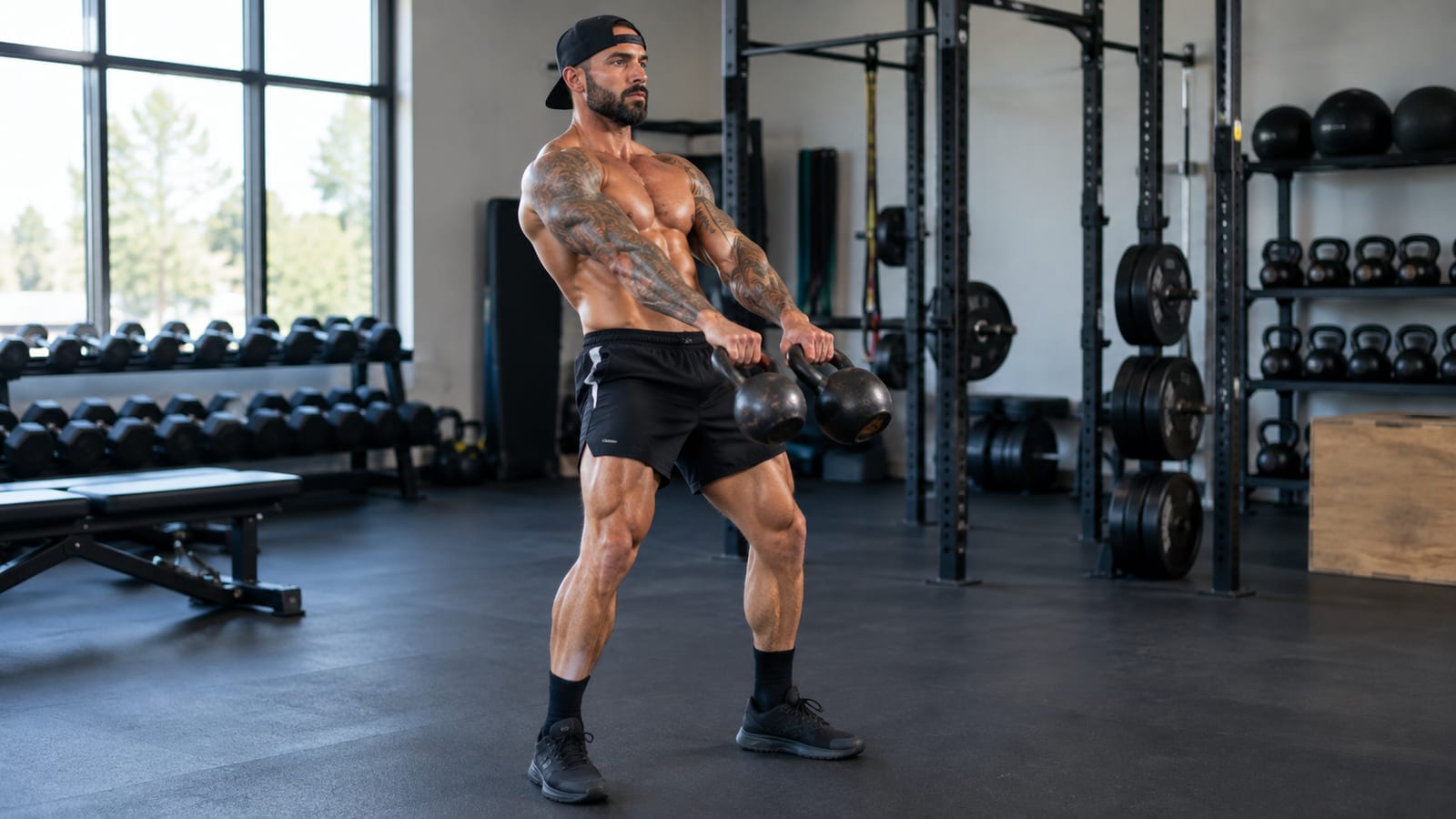 Muscular man with tattoos holding two kettlebells in a gym