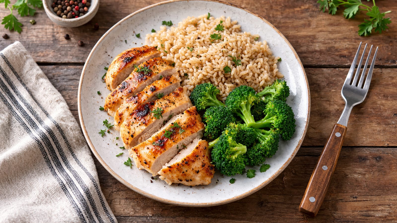 Sliced grilled chicken breast, brown rice, and broccoli on a plate on a wooden table