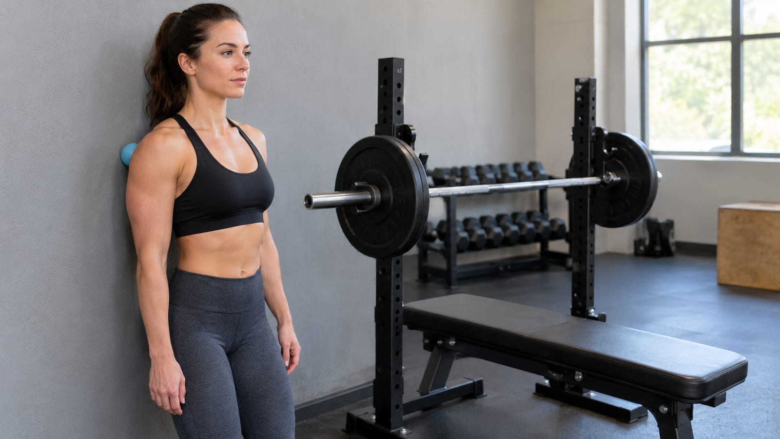 A woman pressing a massage ball against her shoulder blade next to a bench press station
