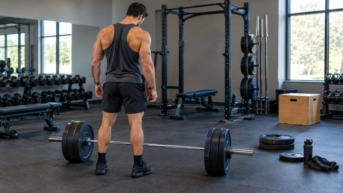 Muscular man seen from behind standing by a loaded barbell in a gym