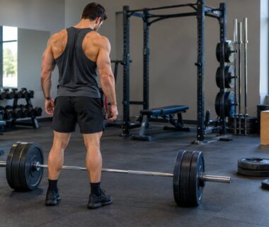 Muscular man seen from behind standing by a loaded barbell in a gym