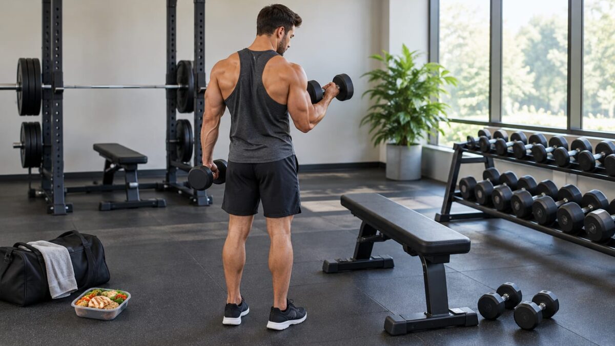 Muscular man curling dumbbells in a gym beside a workout bench and weight racks