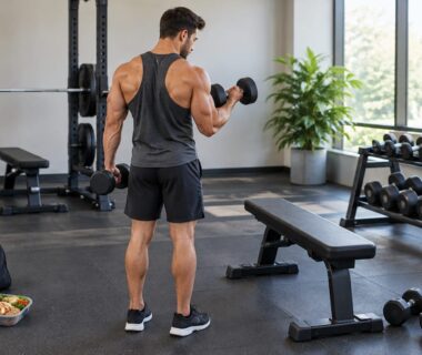 Muscular man curling dumbbells in a gym beside a workout bench and weight racks