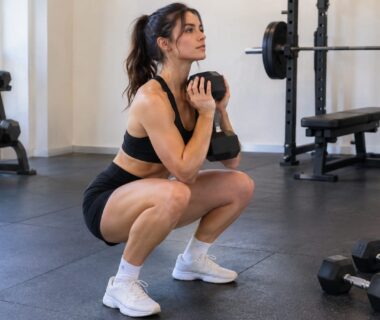 A woman performing a goblet squat while holding a dumbbell in a gym