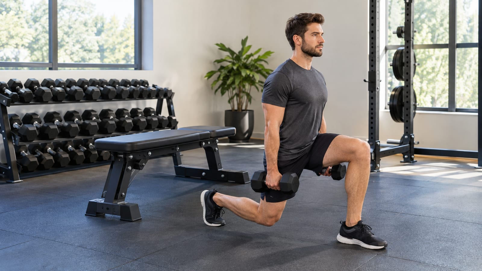 A man performing dumbbell lunges next to a workout bench in a gym