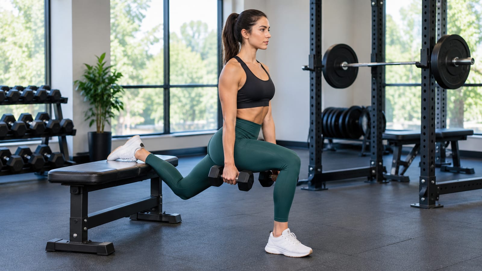 Woman doing a dumbbell Bulgarian split squat with one foot resting on a workout bench