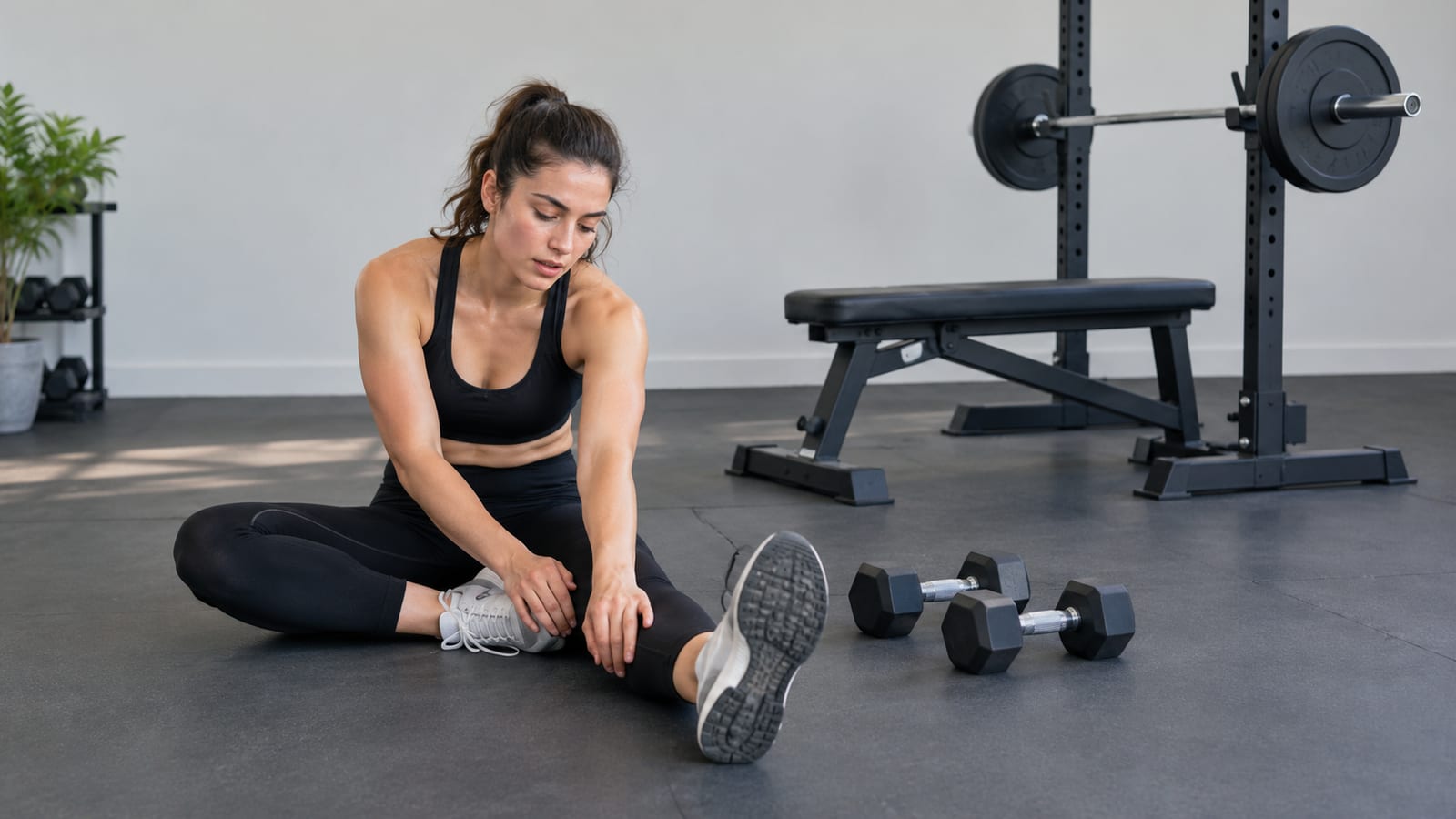 A woman stretching her leg on a gym floor next to two dumbbells