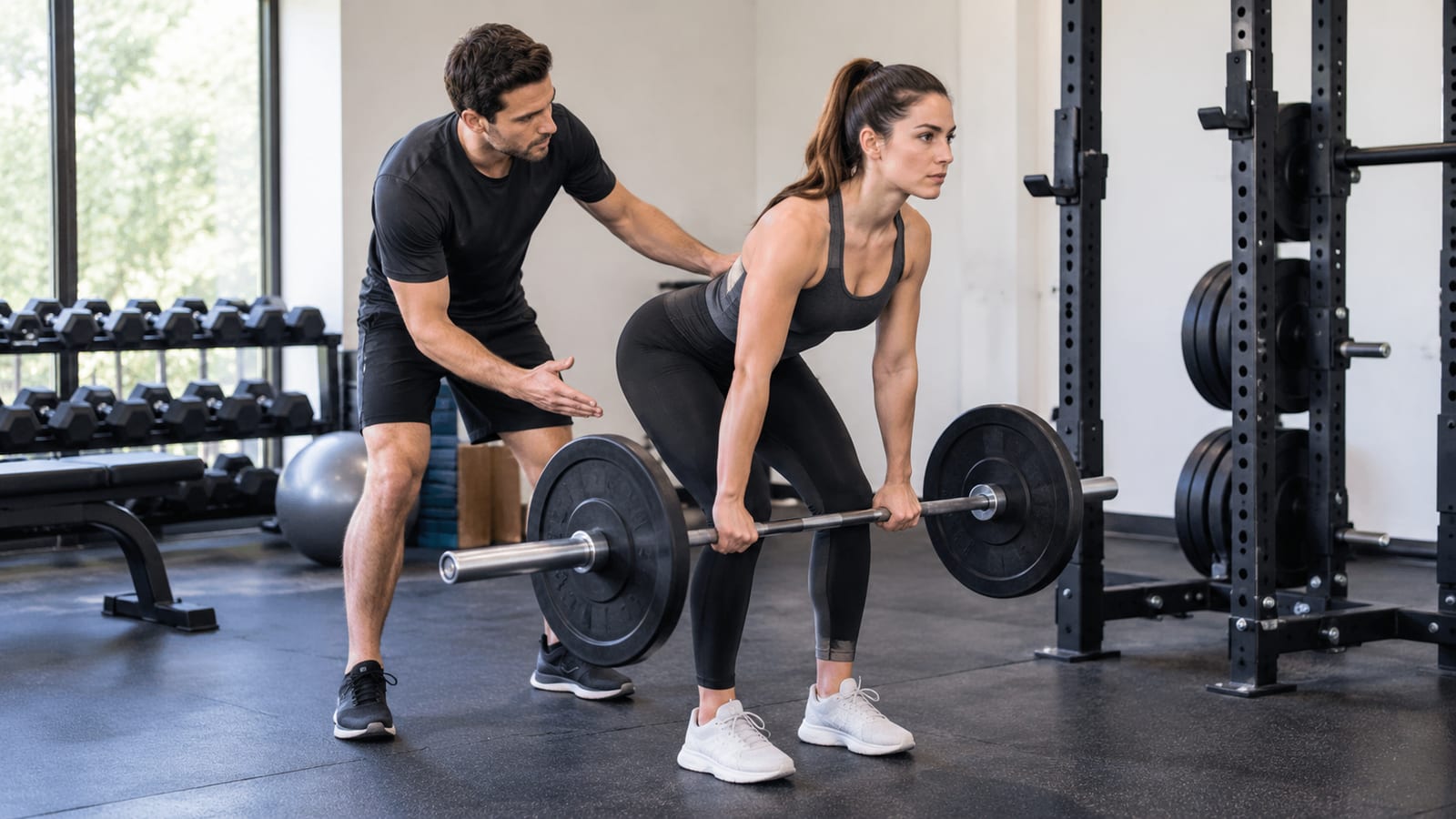 A woman performs a barbell hip hinge with a trainer coaching her inside a gym