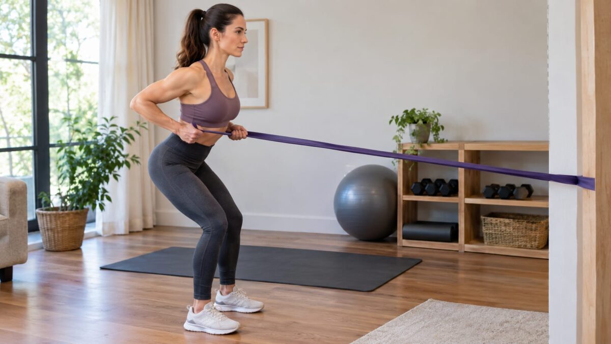A woman pulls a purple resistance band for strength training in a bright room