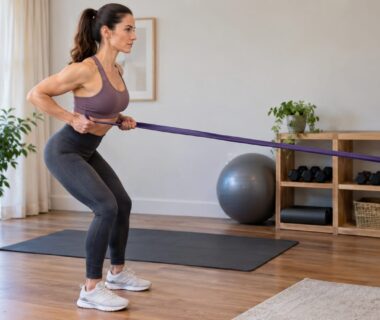 A woman pulls a purple resistance band for strength training in a bright room