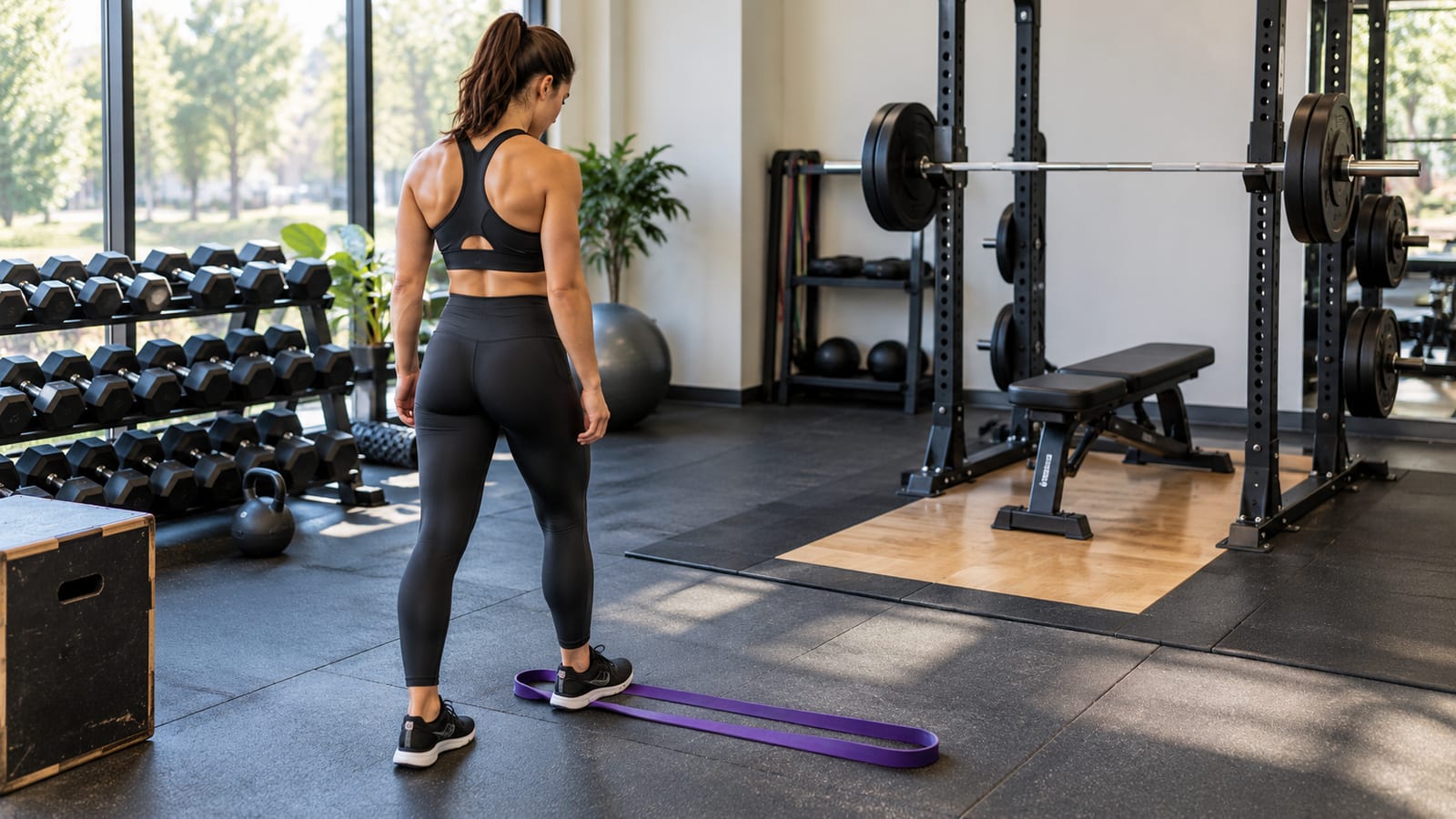 Woman in black athletic wear standing on a purple resistance band in a gym